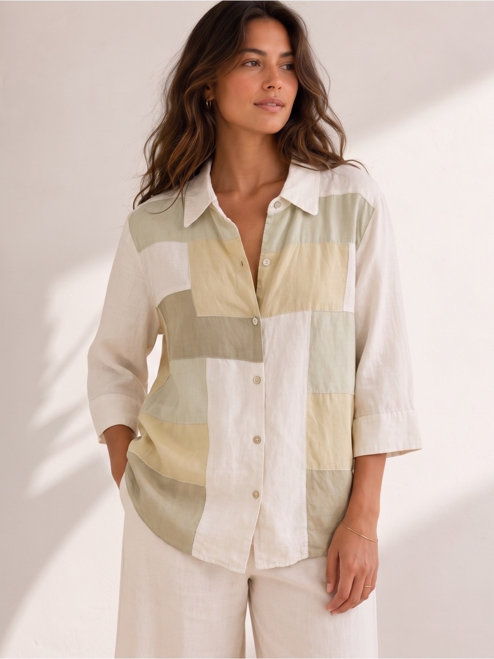VINTAGE JENNIFER EDEN 100% Linen Patchwork Shirt